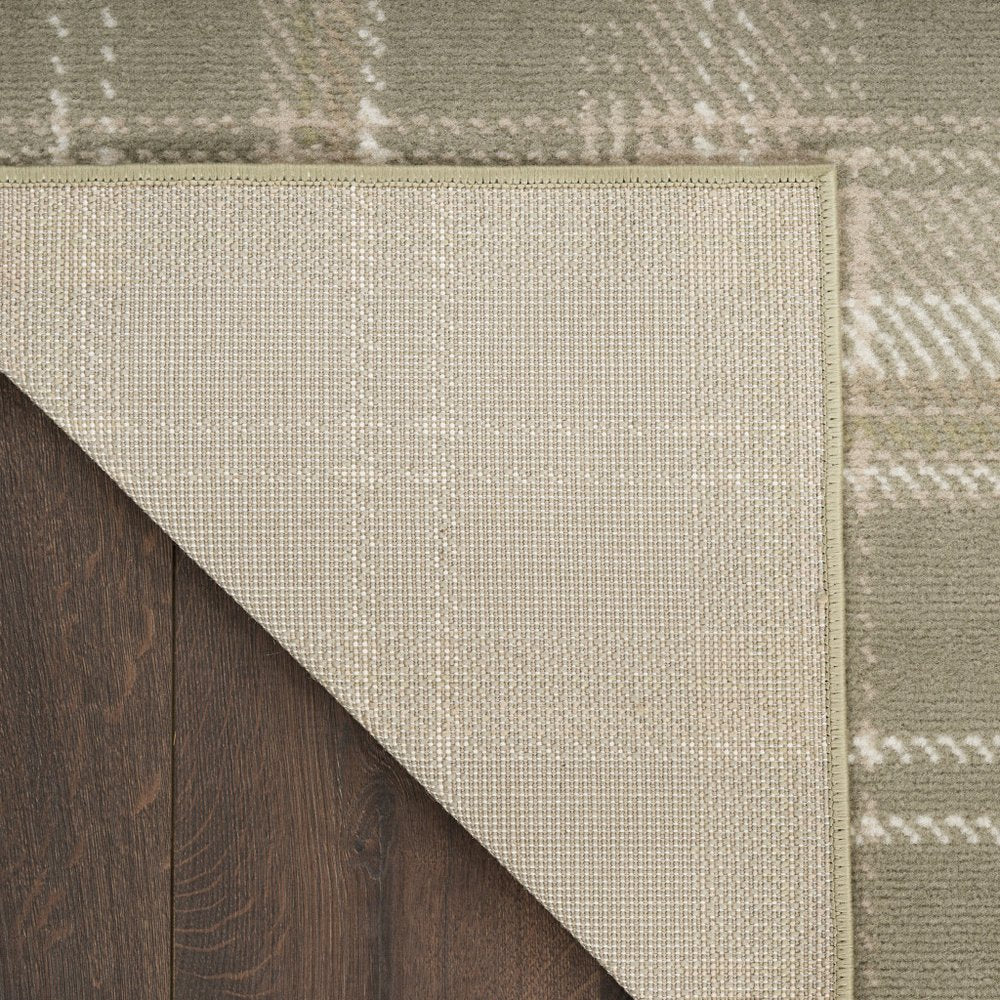 10' Olive Green and Ivory Plaid Runner Rug