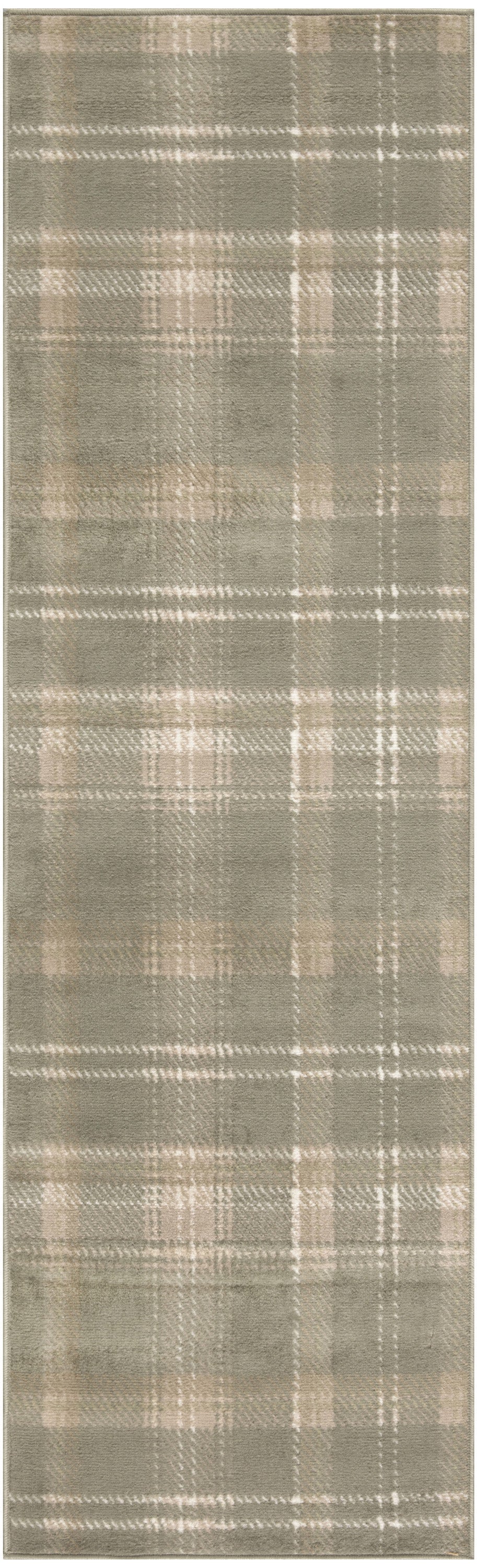 10' Olive Green and Ivory Plaid Runner Rug