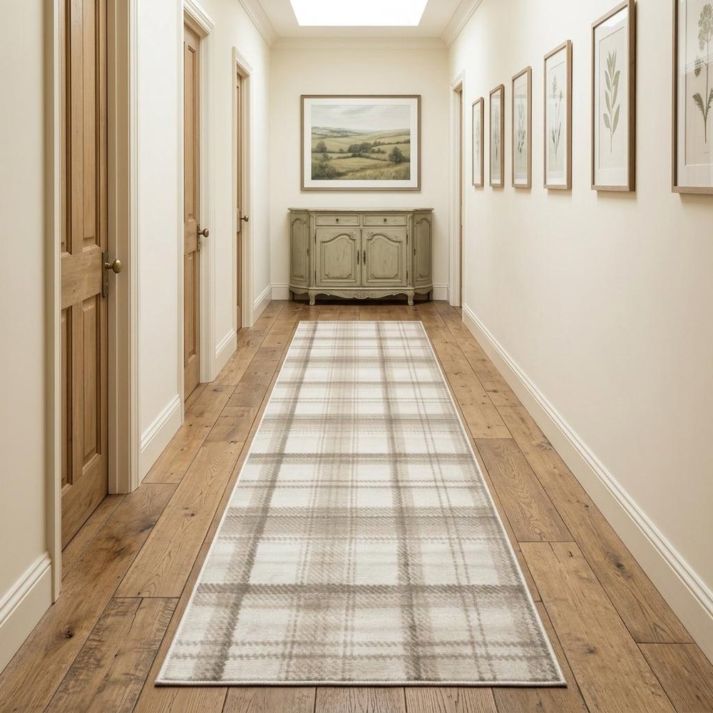 12' Ivory Plaid Power Loom Runner Rug