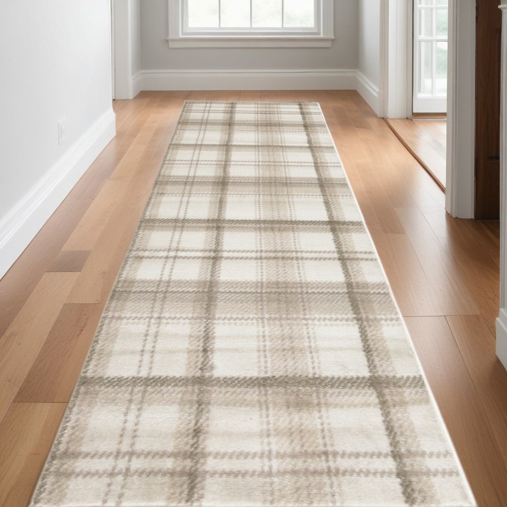 12' Ivory Plaid Power Loom Runner Rug