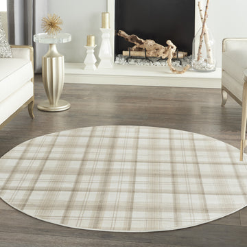 8' Ivory Plaid Power Loom Round Rug