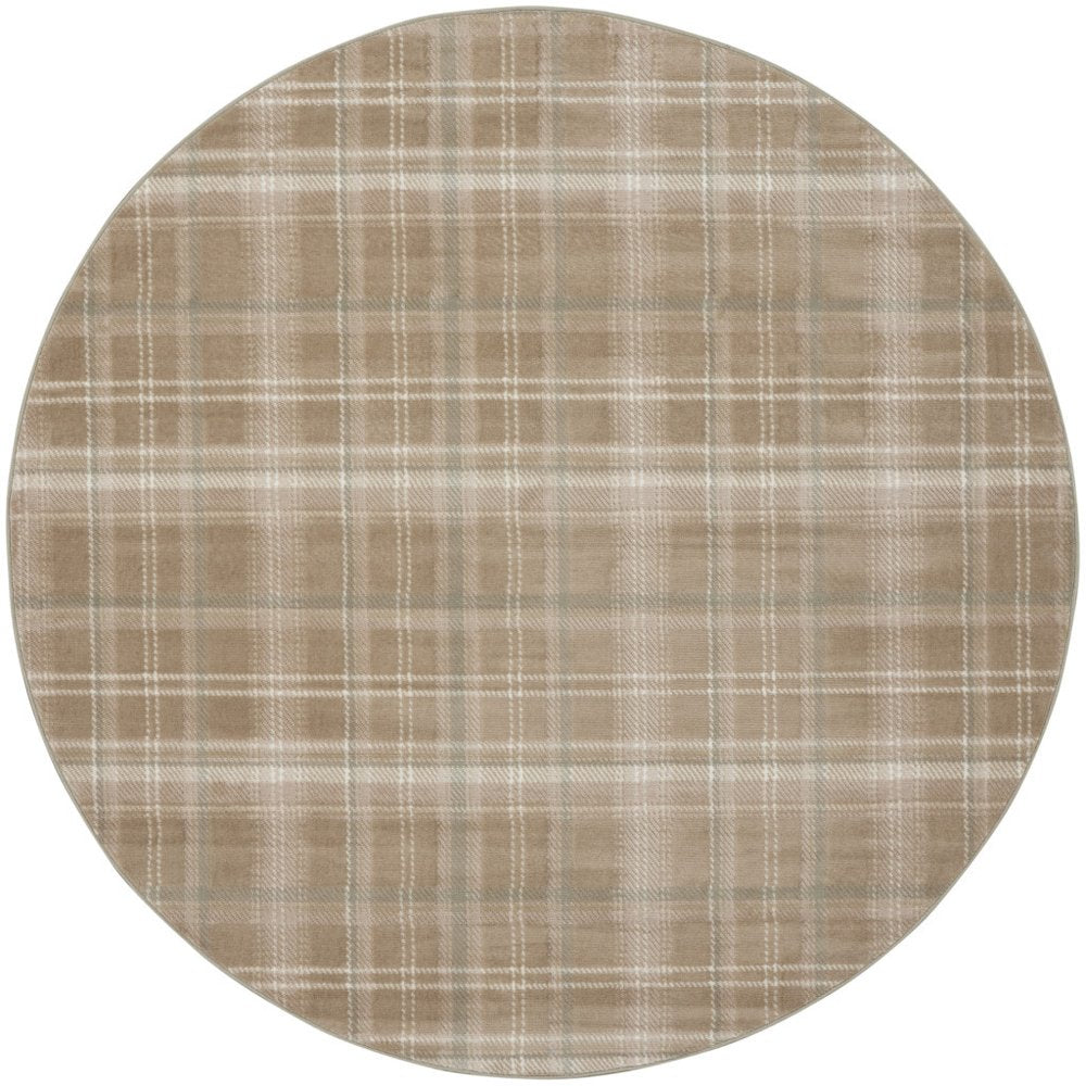 8' Taupe and Ivory Plaid Round Rug