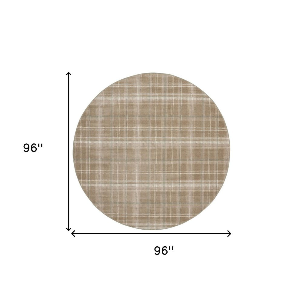 8' Taupe and Ivory Plaid Round Rug