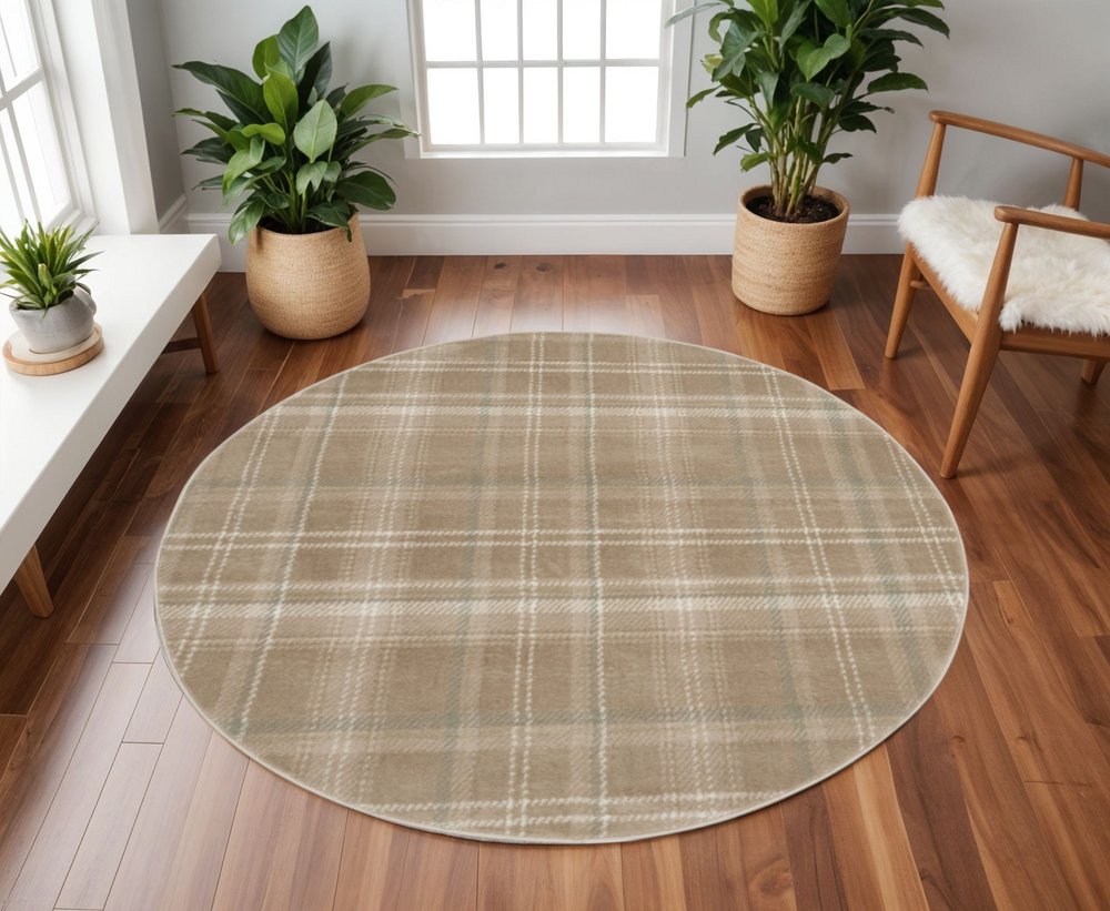 8' Taupe and Ivory Plaid Round Rug