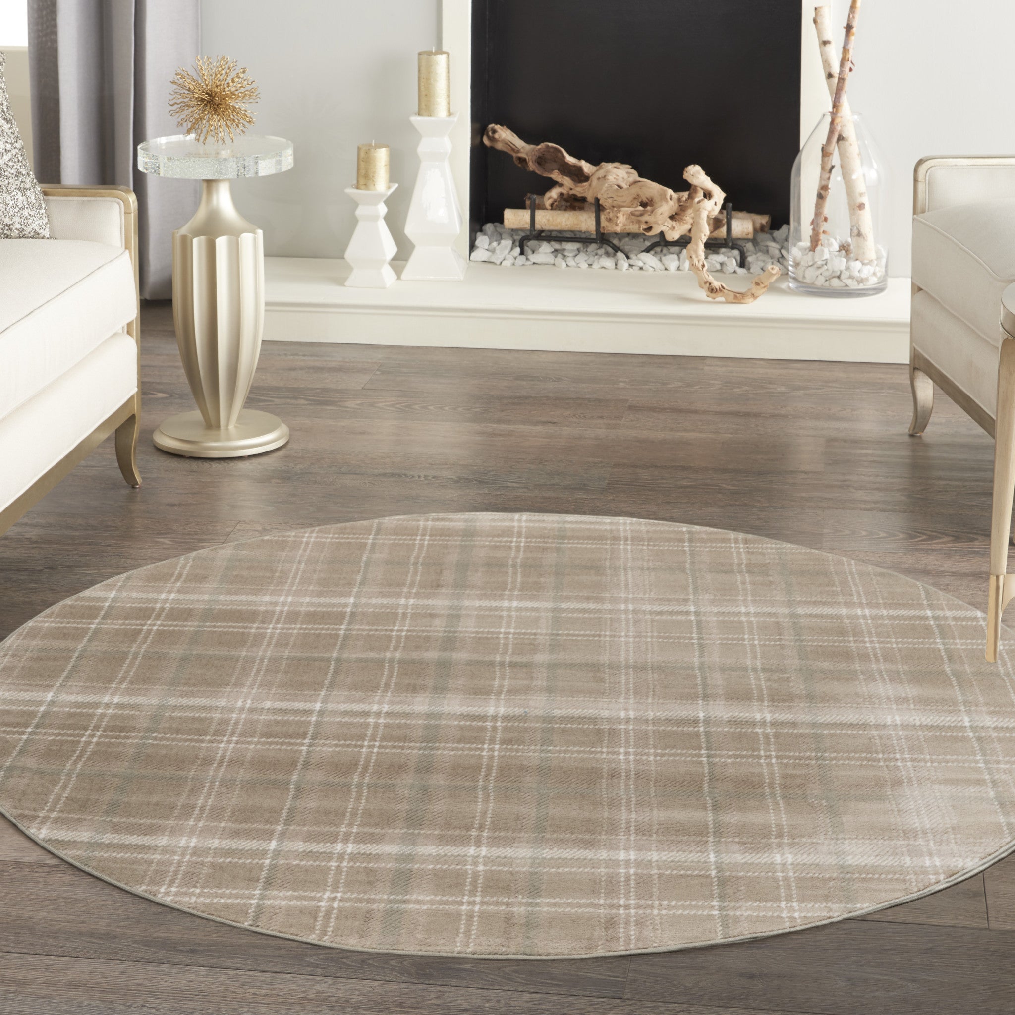 8' Taupe and Ivory Plaid Round Rug