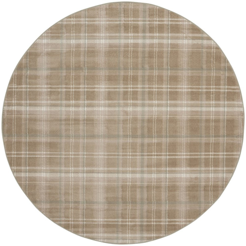 8' Taupe and Ivory Plaid Round Rug