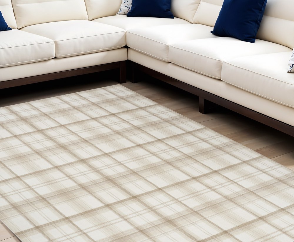 9' X 12' Ivory Plaid Power Loom Area Rug