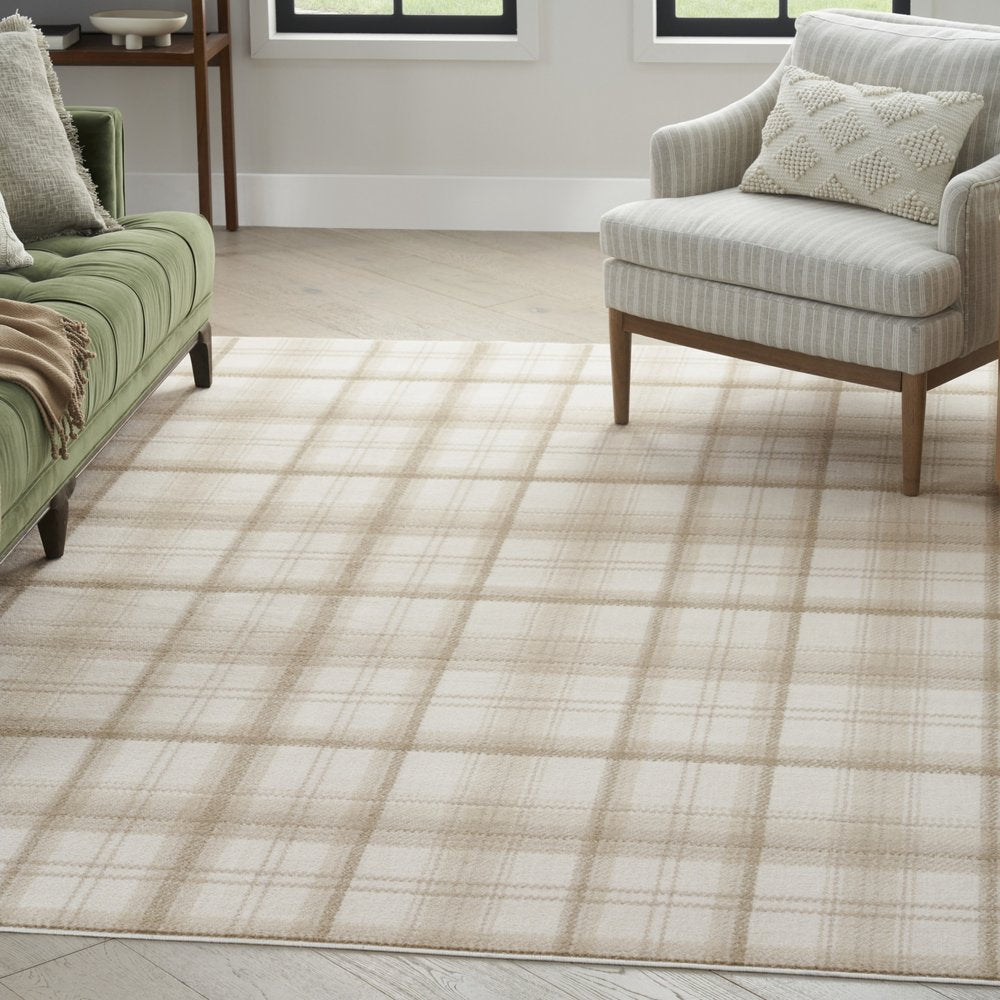9' X 12' Ivory Plaid Power Loom Area Rug