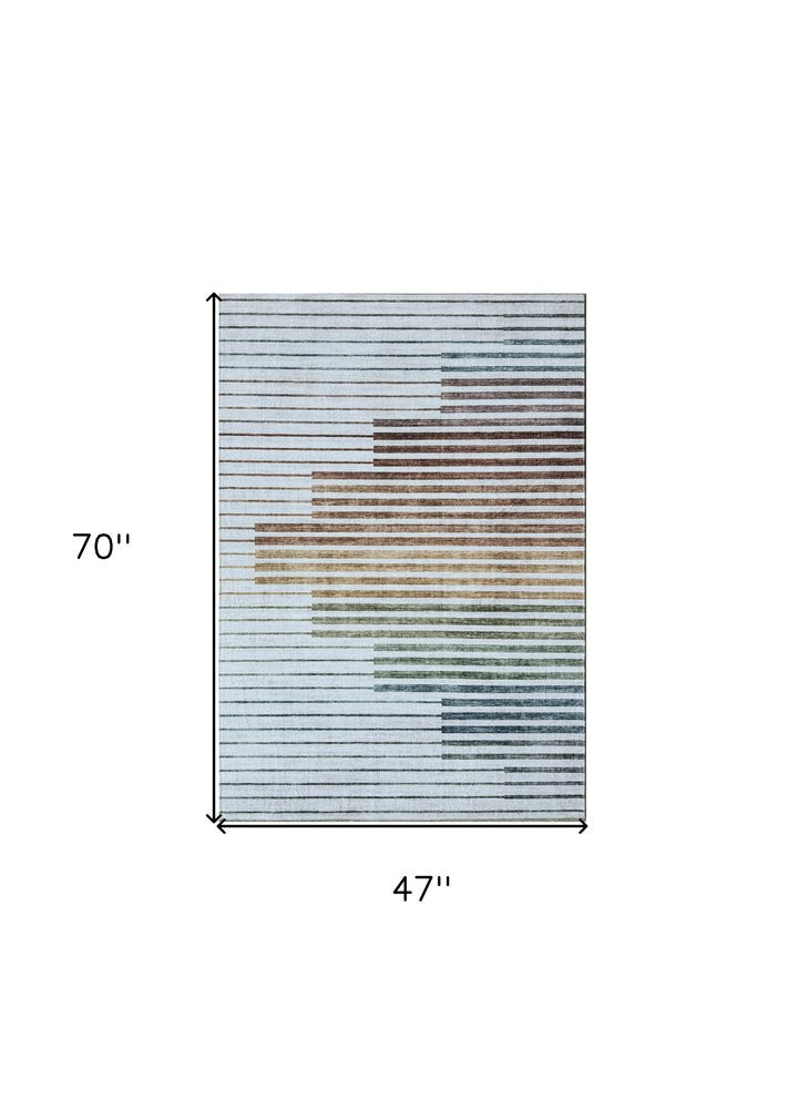 4' X 6' Beige Blue and Brown Striped Area Rug