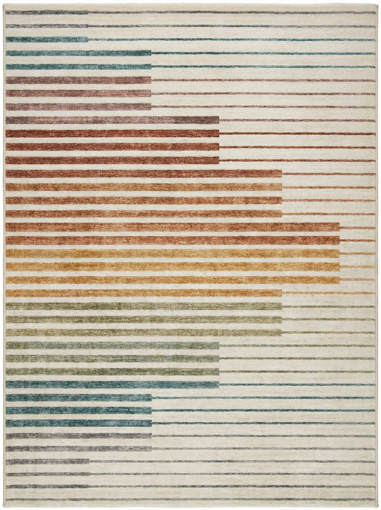 4' X 6' Beige Blue and Brown Striped Area Rug