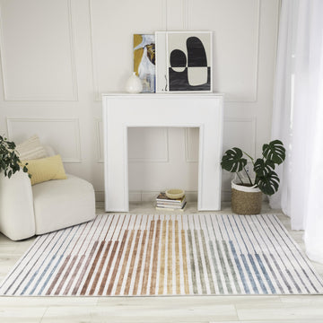 4' X 6' Beige Blue and Brown Striped Area Rug