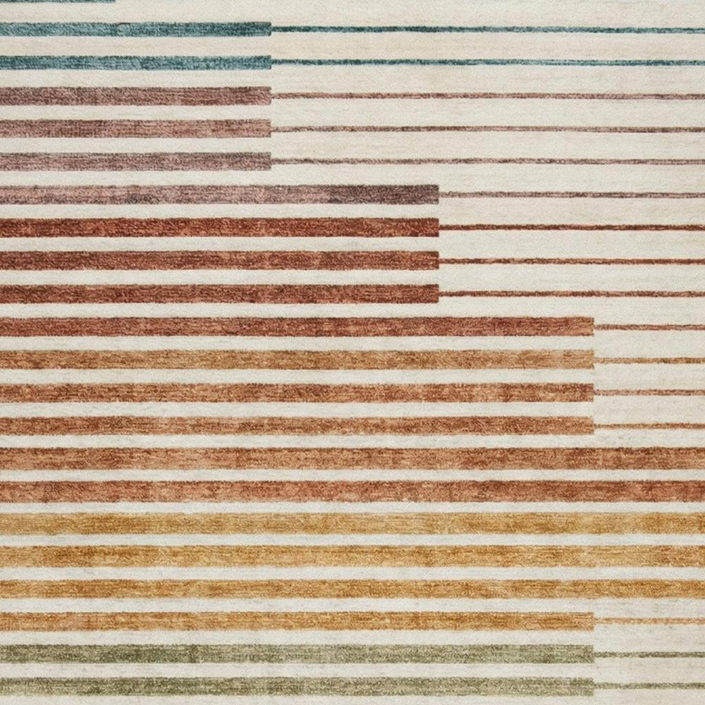 4' X 6' Beige Blue and Brown Striped Area Rug