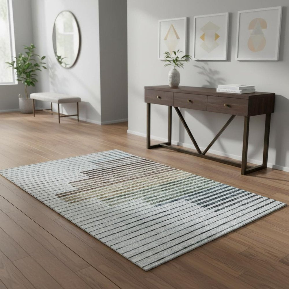 4' X 6' Beige Blue and Brown Striped Area Rug
