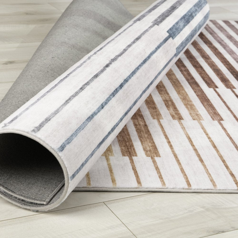 5' X 8' Beige Blue and Brown Striped Area Rug