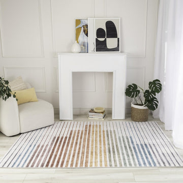 5' X 8' Beige Blue and Brown Striped Area Rug