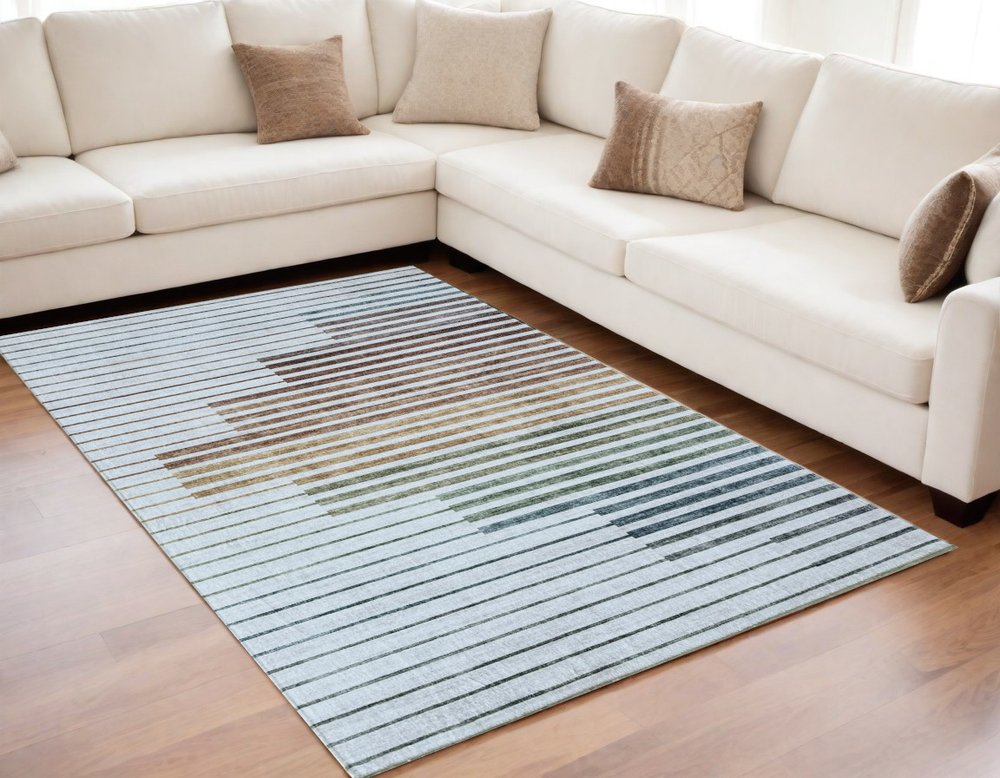 5' X 8' Beige Blue and Brown Striped Area Rug