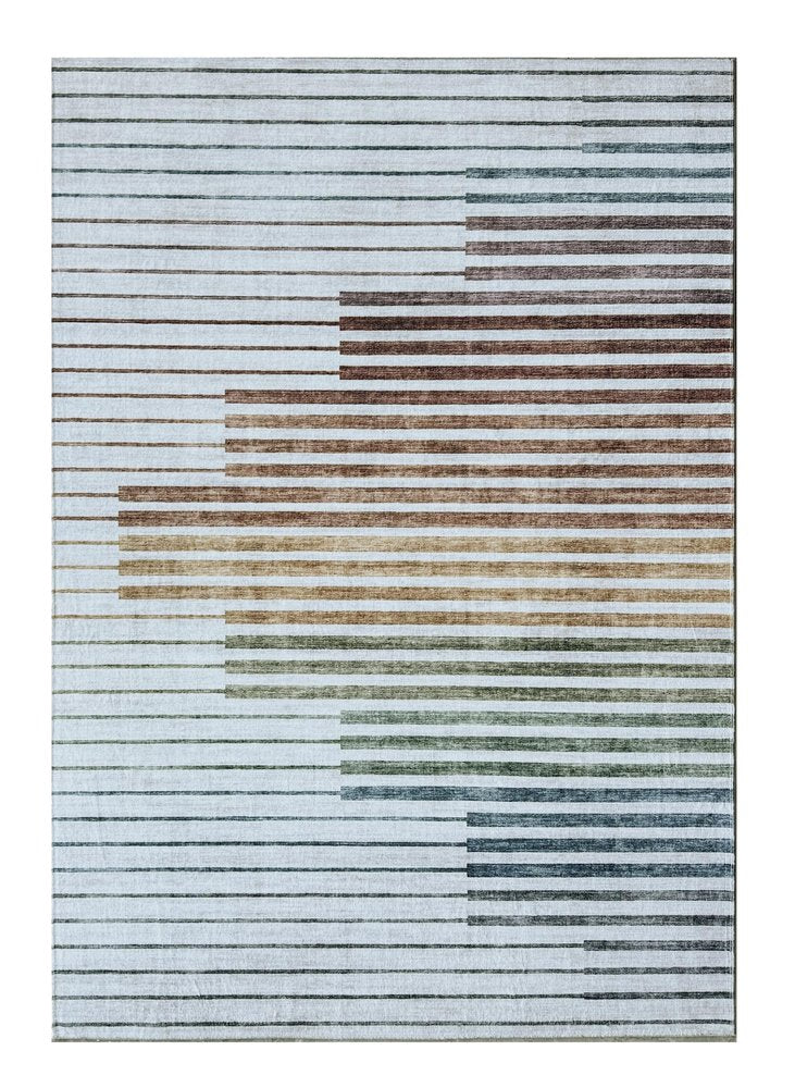 7' X 10' Beige Blue and Brown Striped Area Rug