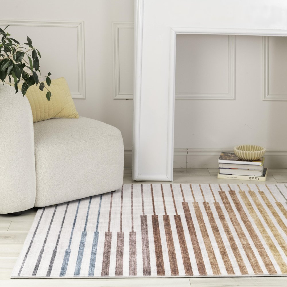 7' X 10' Beige Blue and Brown Striped Area Rug