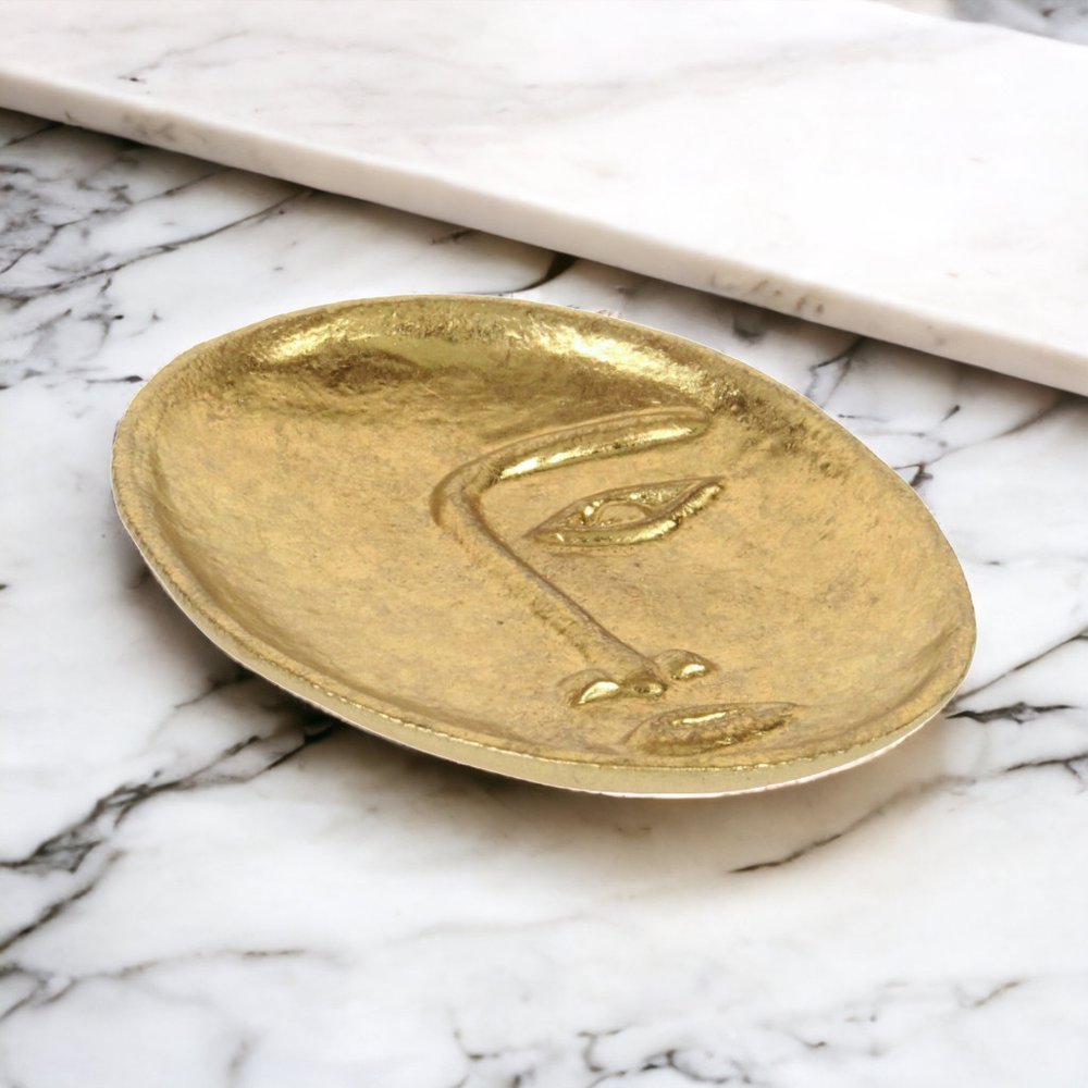 8" Gold Cast Iron Mod Abstract Face Oval Trinket Tray