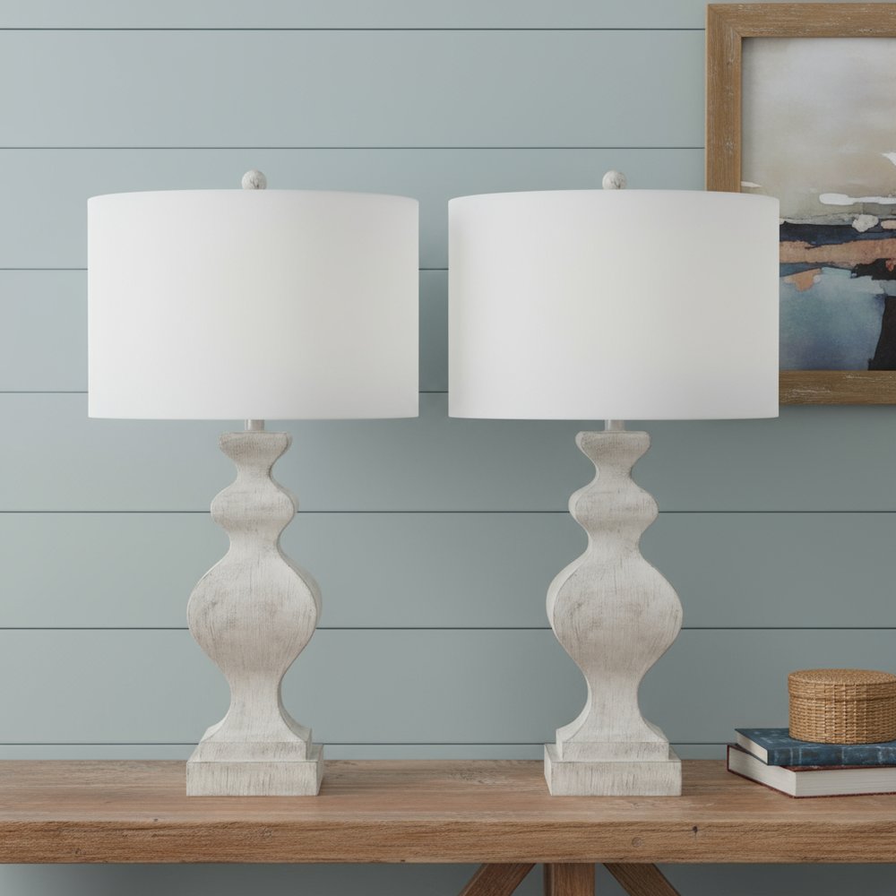 Set of Two 30" Distressed White Table Lamp USB With White Cone Shade