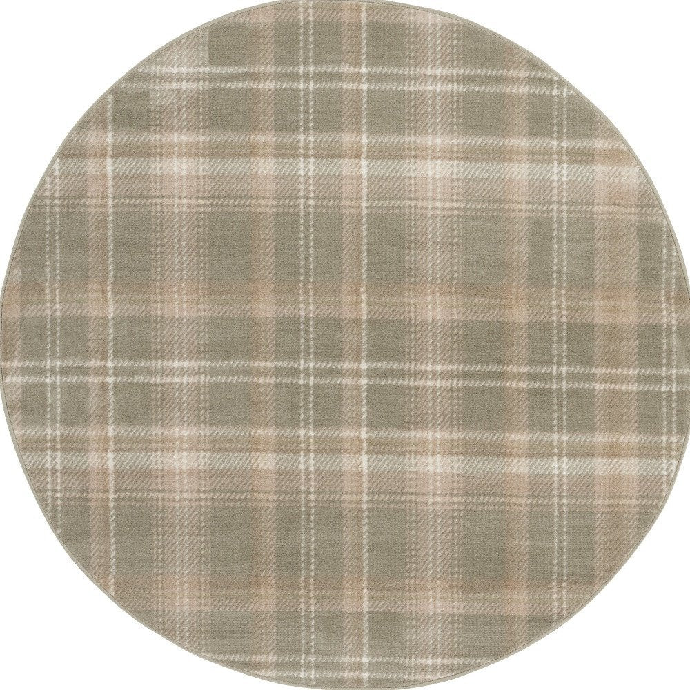 4' Ivory And Olive Green Plaid Round Rug