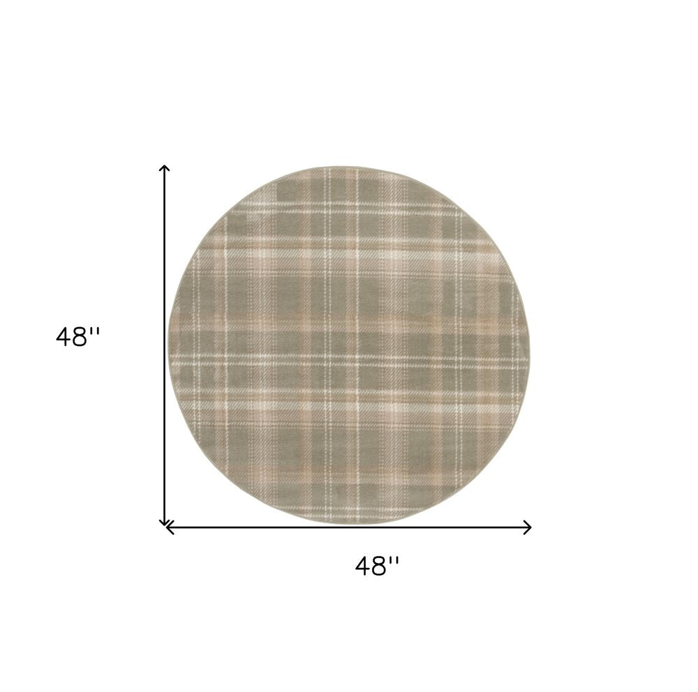 4' Ivory And Olive Green Plaid Round Rug