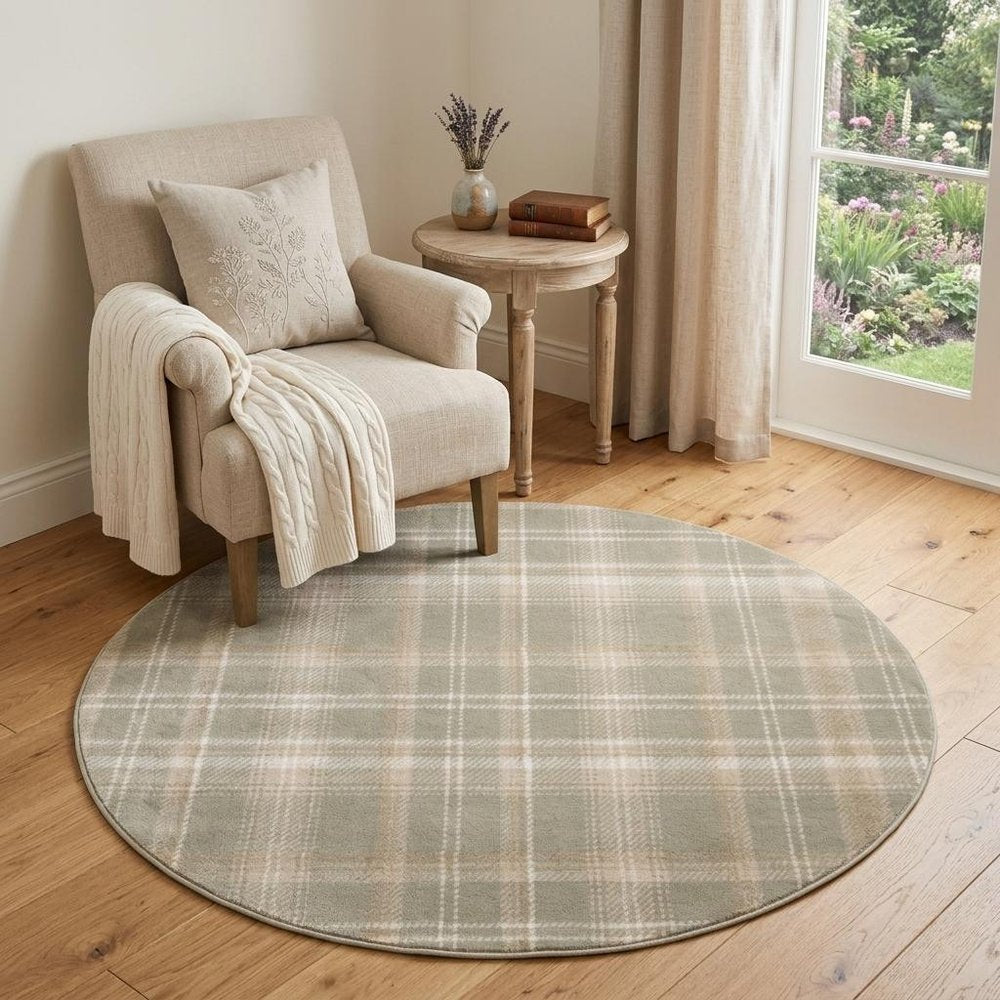 4' Ivory And Olive Green Plaid Round Rug