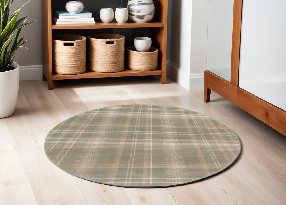 4' Ivory And Olive Green Plaid Round Rug
