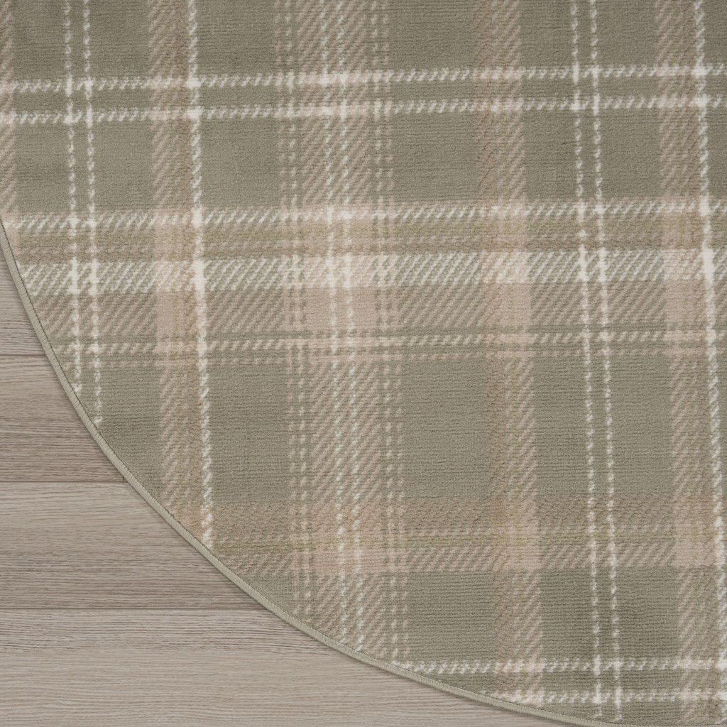 4' Olive Green and Ivory Plaid Round Rug