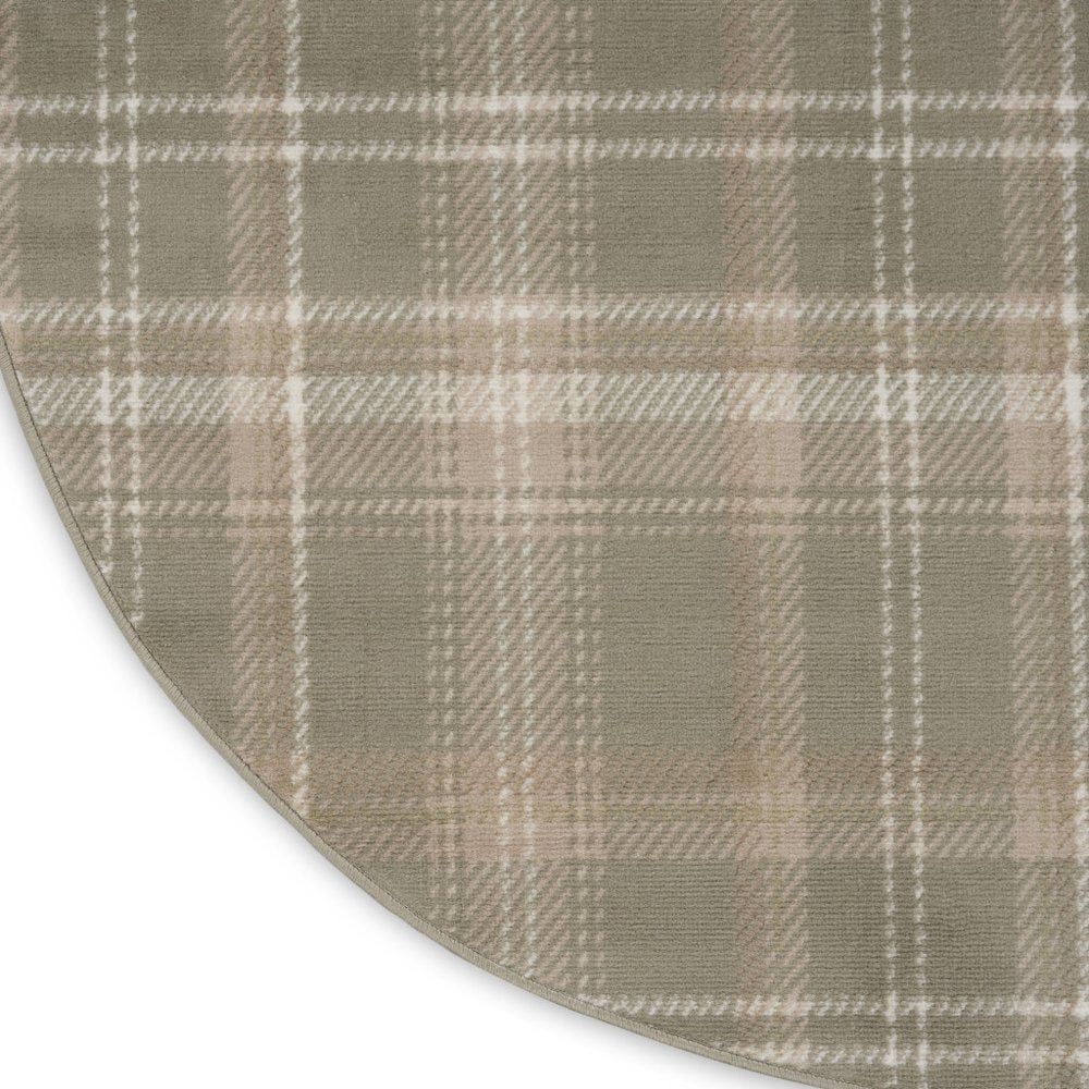 4' Ivory And Olive Green Plaid Round Rug