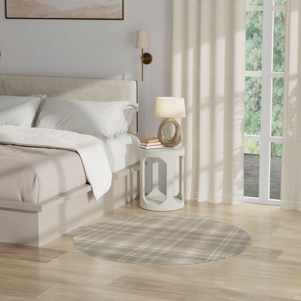 4' Ivory And Olive Green Plaid Round Rug