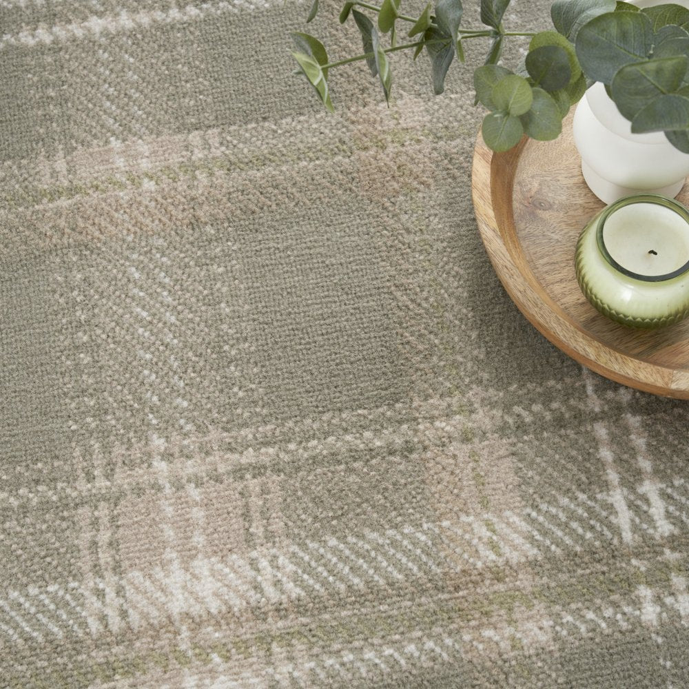 4' Ivory And Olive Green Plaid Round Rug