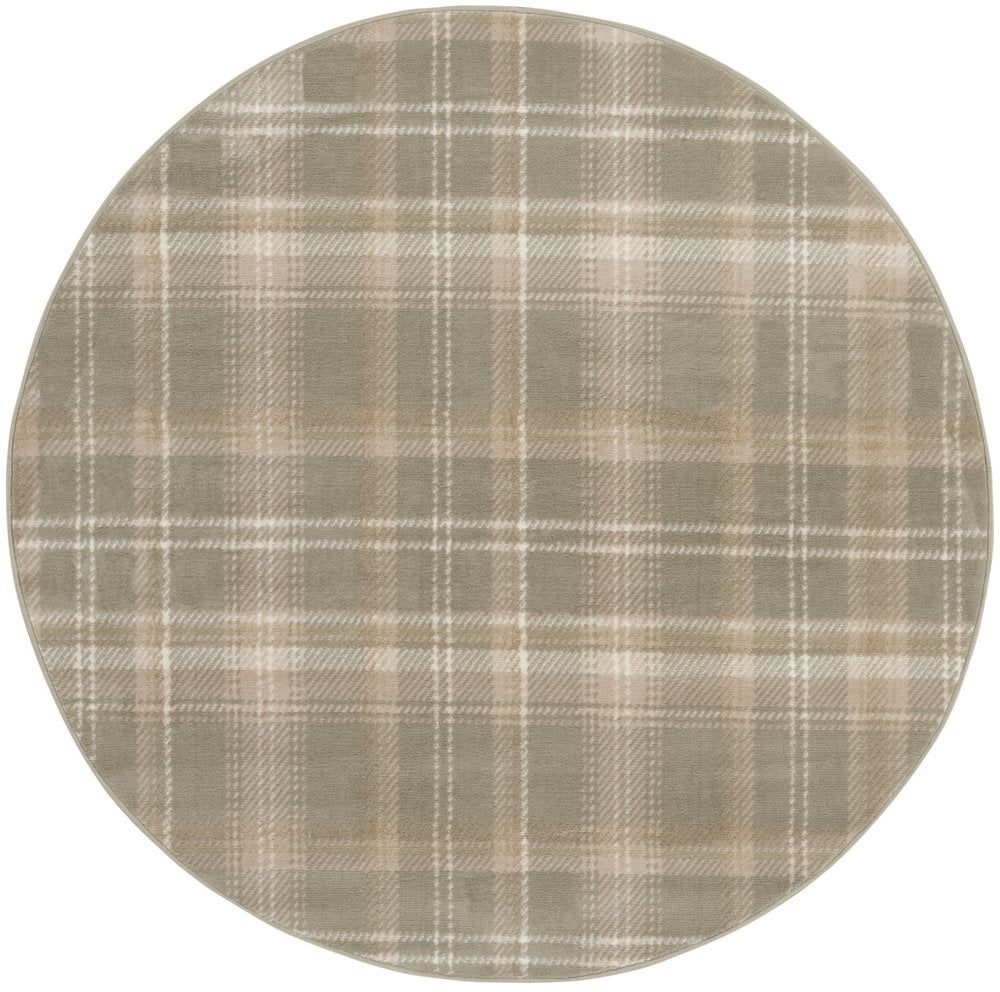 4' Ivory And Olive Green Plaid Round Rug