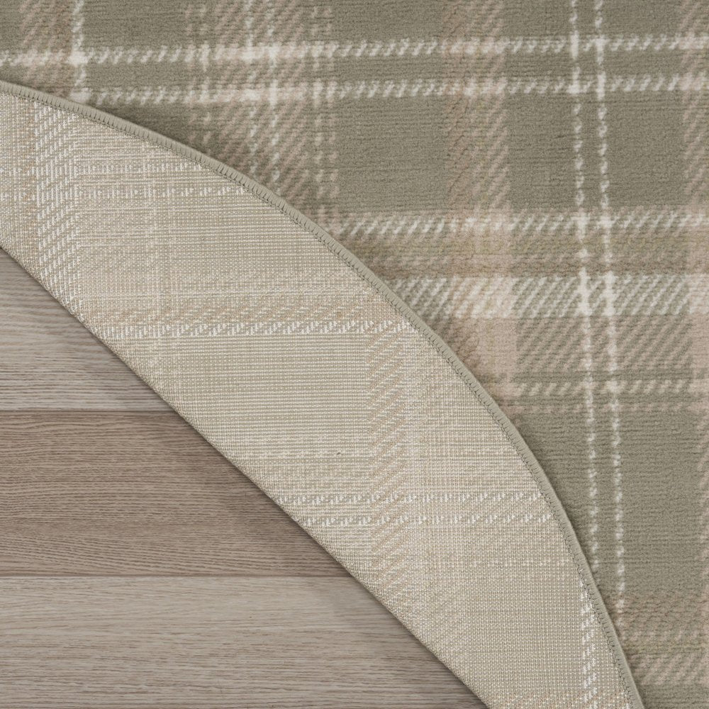 4' Ivory And Olive Green Plaid Round Rug