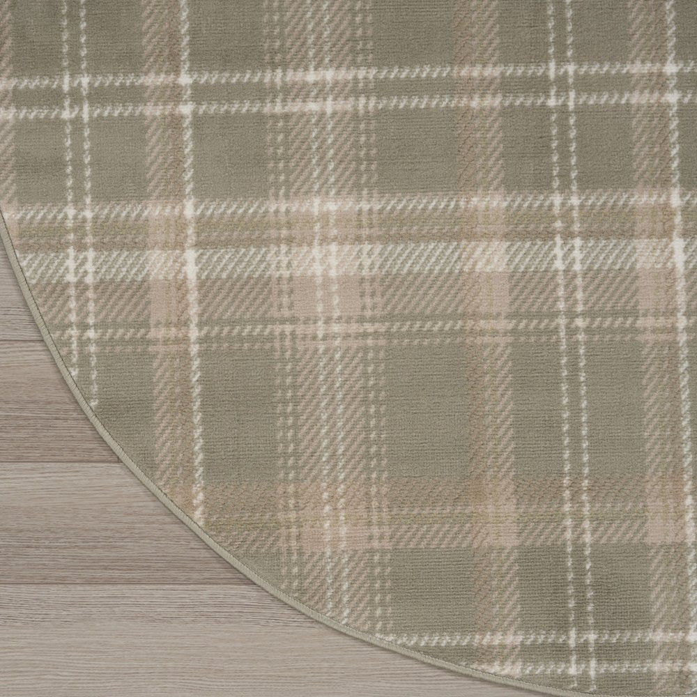 4' Ivory And Olive Green Plaid Round Rug