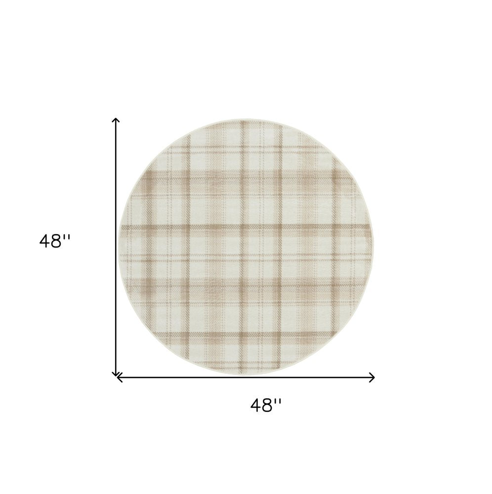 4' Ivory Plaid Power Loom Round Rug
