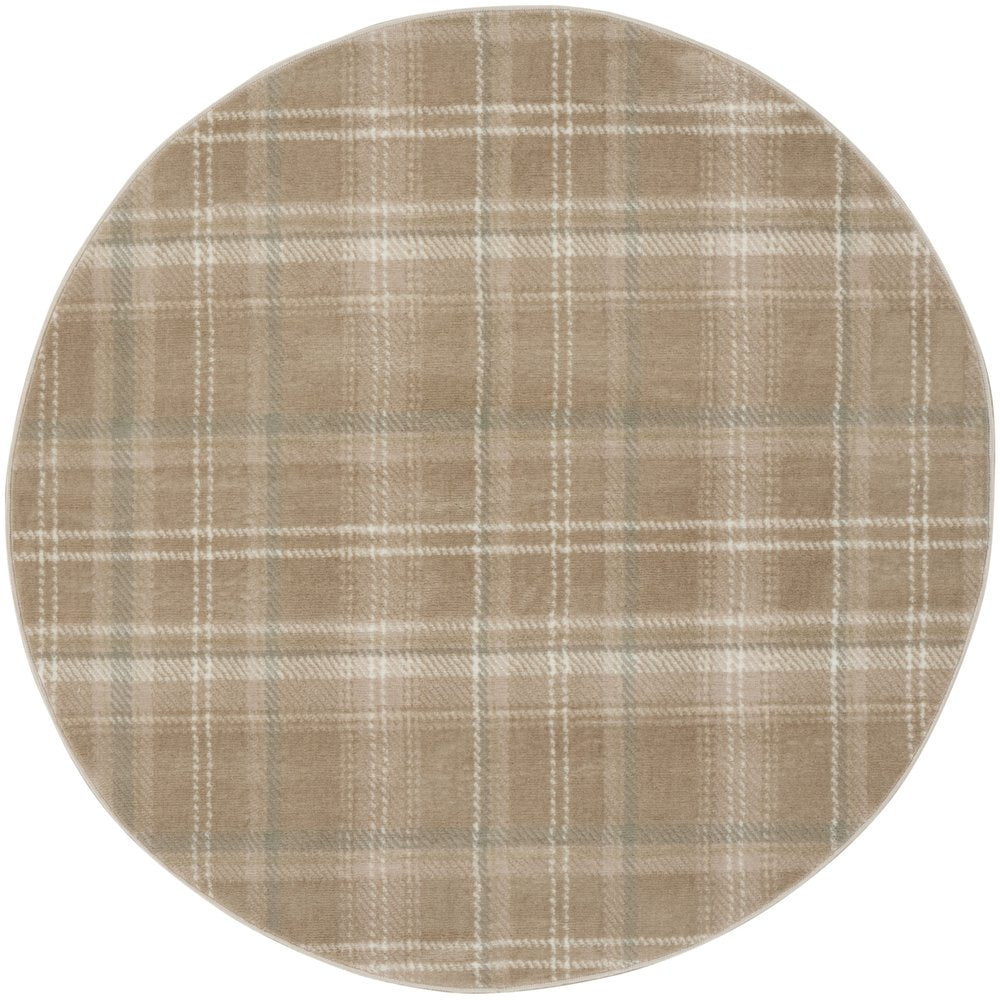 4' Ivory And Taupe Plaid Round Rug