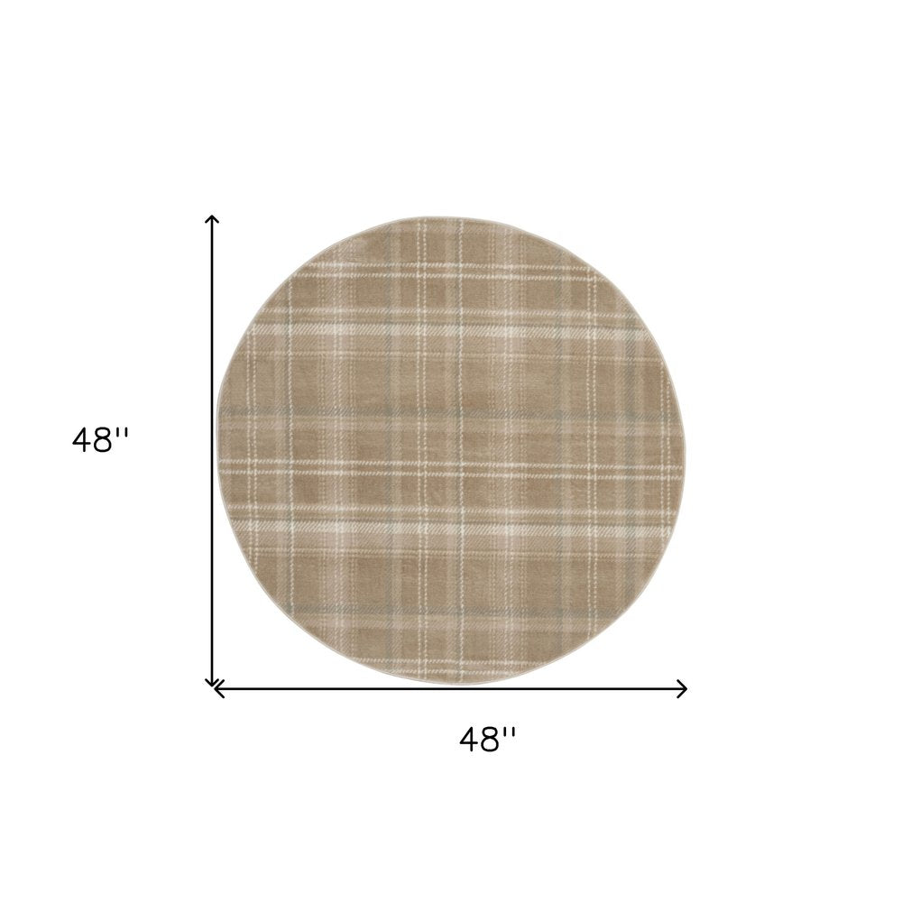 4' Ivory And Taupe Plaid Round Rug