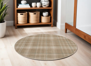 4' Taupe and Ivory Plaid Round Rug