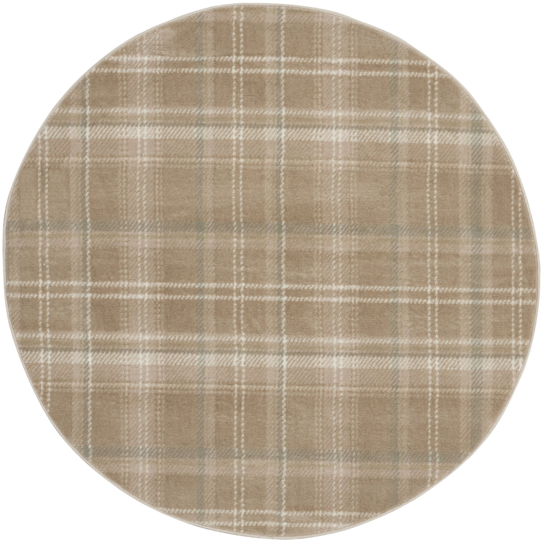 4' Taupe and Ivory Plaid Round Rug