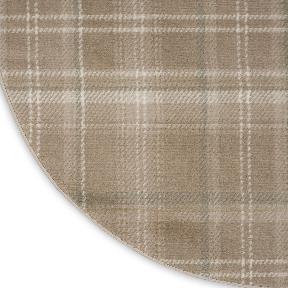 4' Ivory And Taupe Plaid Round Rug