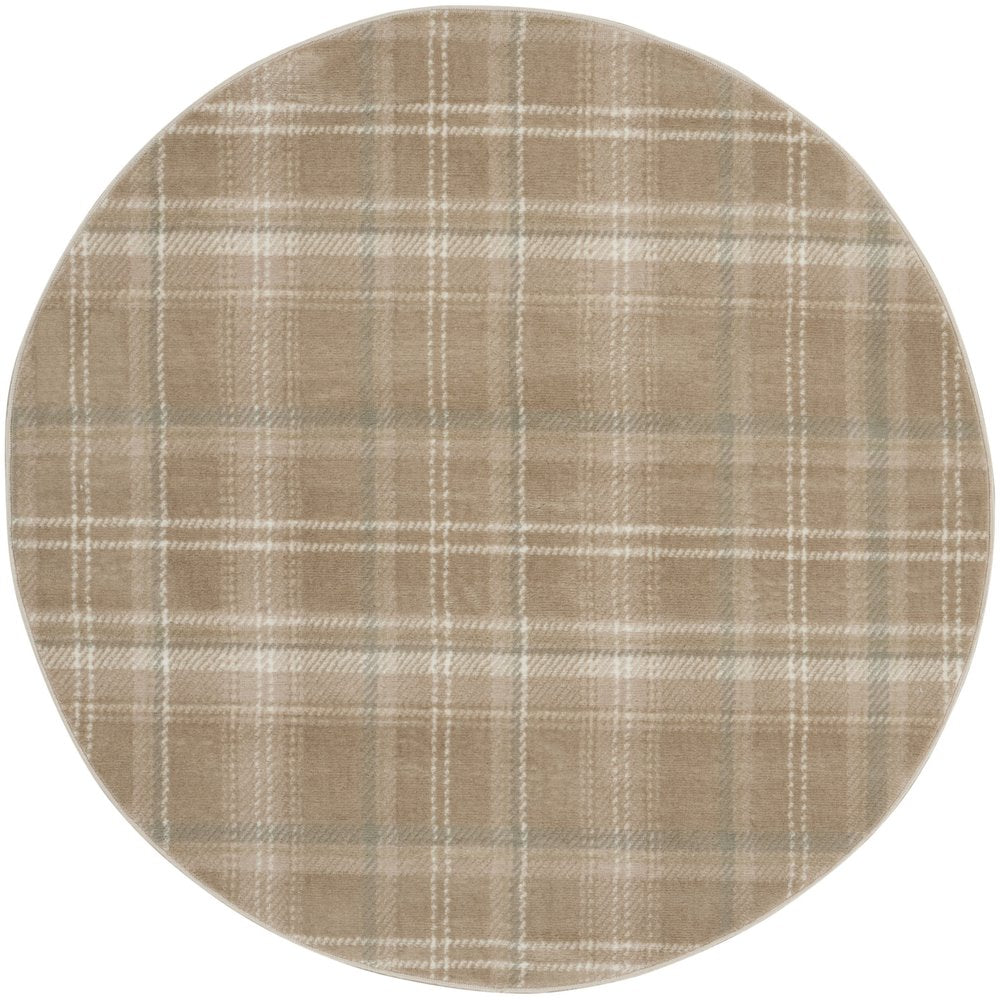 4' Ivory And Taupe Plaid Round Rug