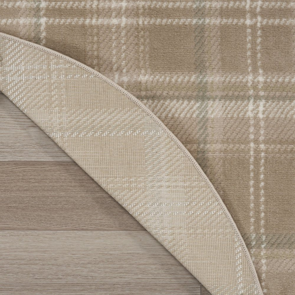4' Ivory And Taupe Plaid Round Rug
