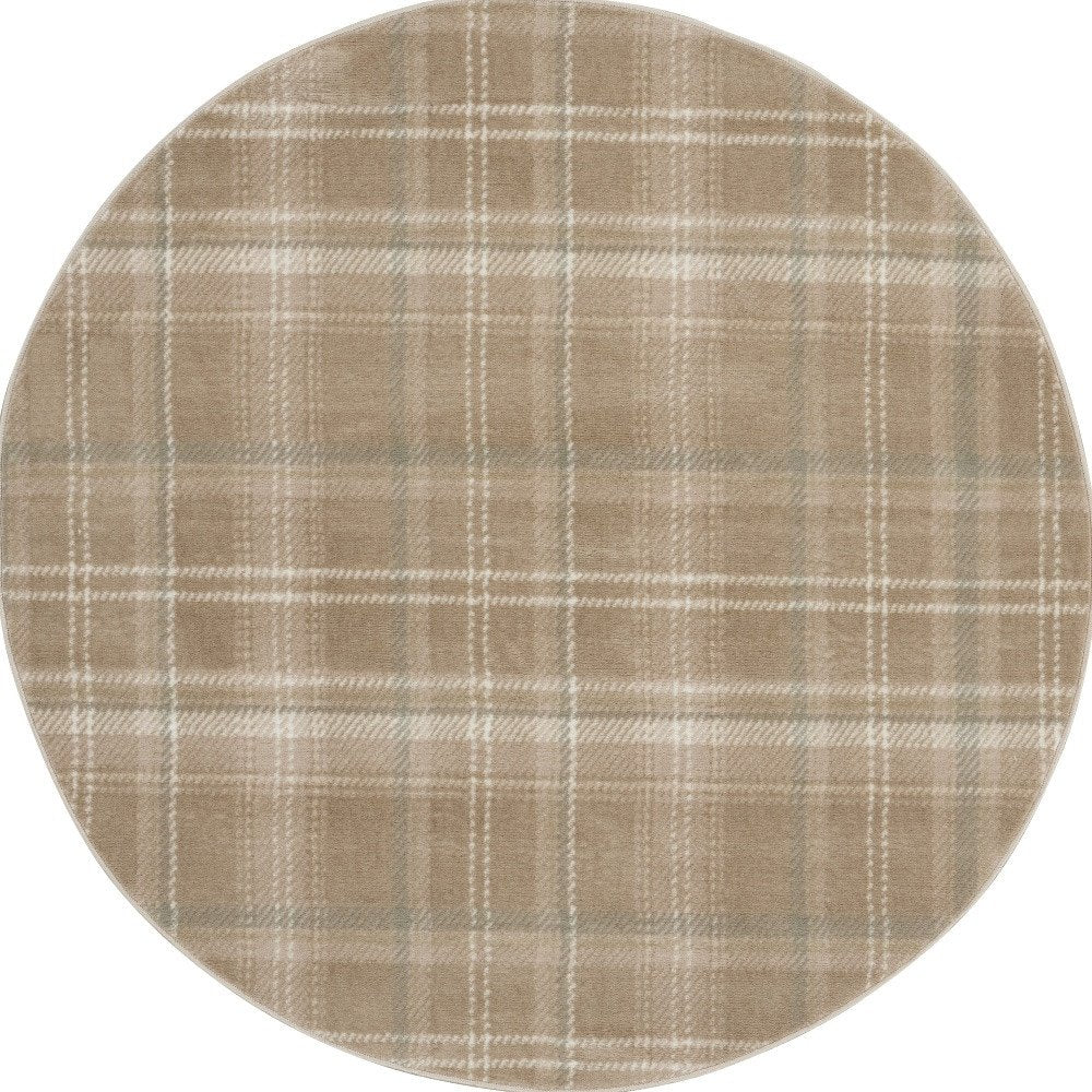 4' Ivory And Taupe Plaid Round Rug