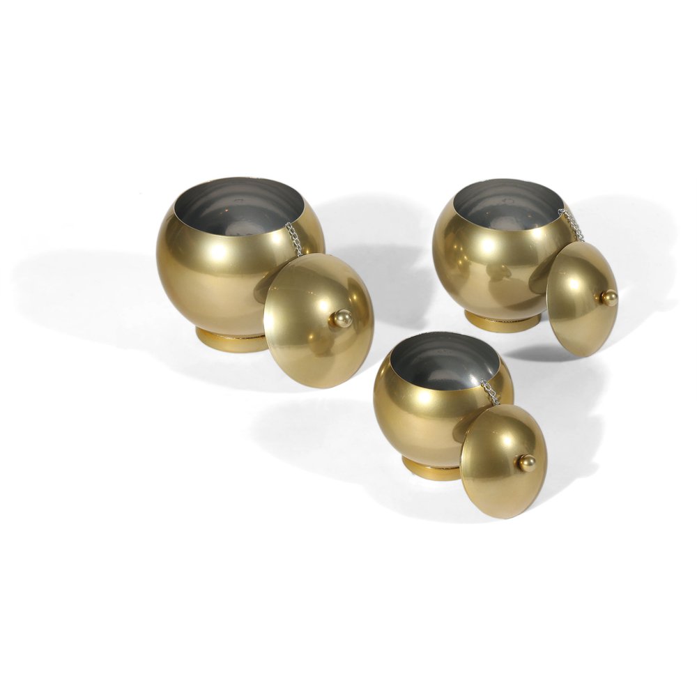 Set of Three Gold Metal Decorative Lidded Canisters