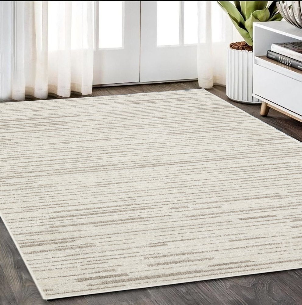 5' X 8' Ivory And Brown Striped Distressed Area Rug
