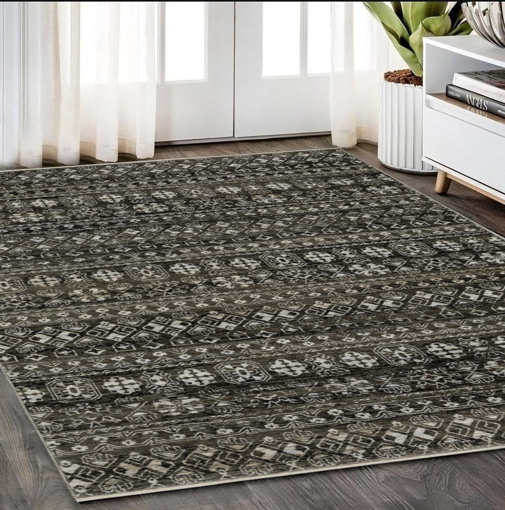 3' X 5' Black And Gray Tribal Area Rug With Fringe