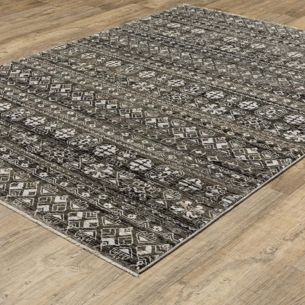 10' X 13' Black And Gray Tribal Area Rug With Fringe