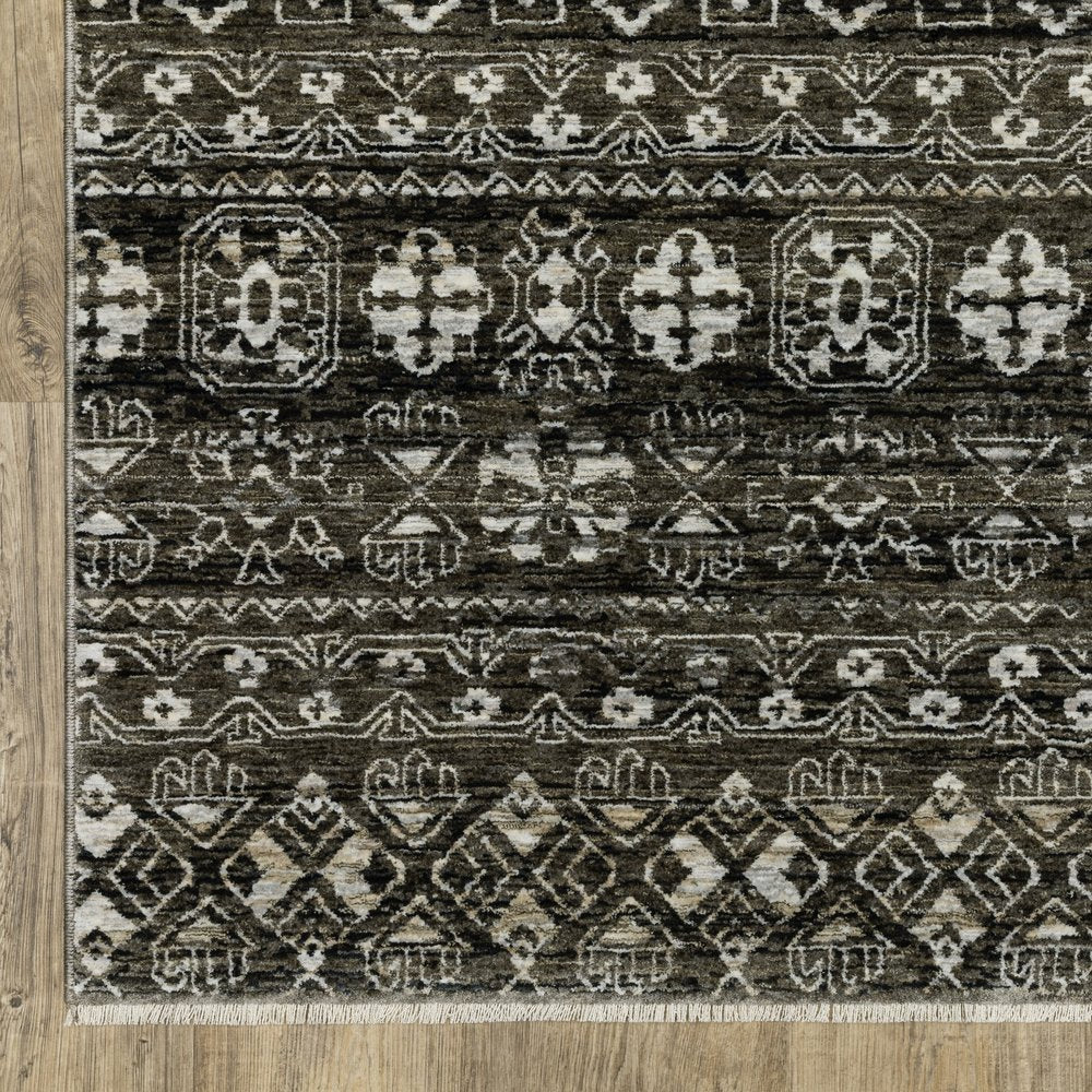 10' X 13' Black And Gray Tribal Area Rug With Fringe