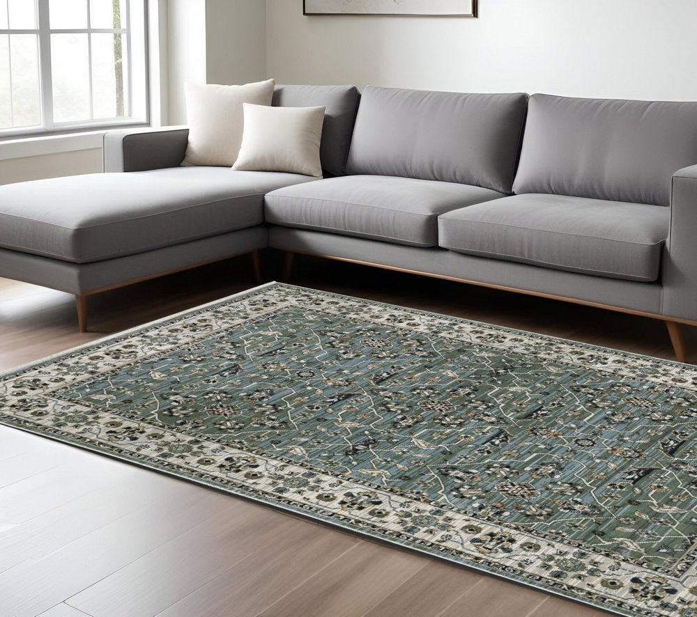 8' X 11' Blue And Green Floral Area Rug With Fringe